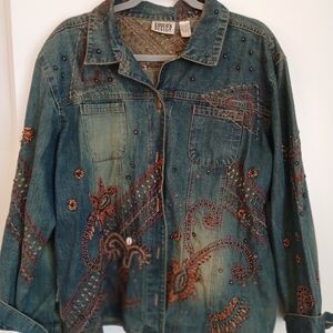 Chico's Embellished Jean Jacket - Blue and Brown